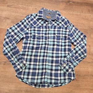 JACHS Girlfriend Navy and Light Blue Checkered Button Down Shirt Bea Small